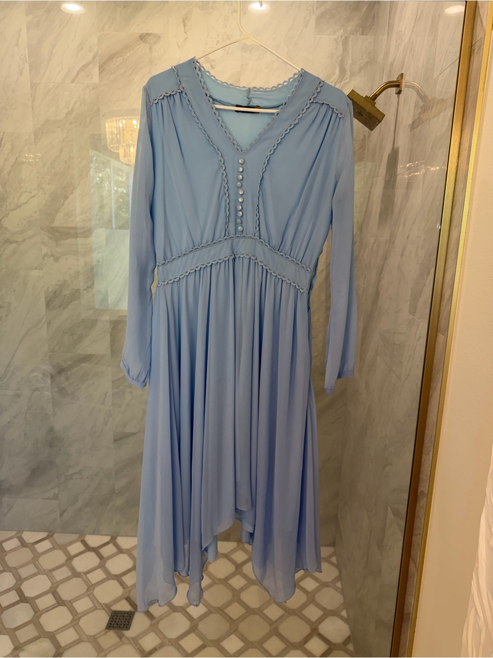 Abella Soft Blue V-Neck Long Sleeve Midi Dress